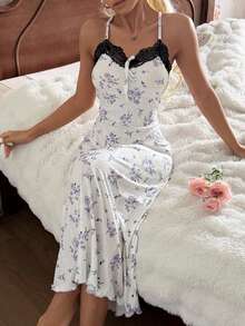 SHEIN 浪漫女士蕾丝领睡裙，舒适休闲连衣裙 - 白色 - 查看 6