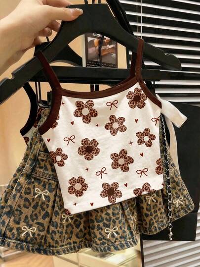 SHEIN Merlot Color Scheme, Super Cute Ballet Style Mini Heart Bow Leopard Floral Print, Elegant Refined Print Pattern, Chic, Young Girl Casual Minimalist Camisole Suitable For Summer Matching, Cute Summer Outfits, Summer Kids Items, Summer Outing Items, Korean Style, Homecoming, Easy Comfort & Stylish Kids, Spring & Summer Outfits, Casual Wear, Baby & Kids Graphic Tops, Summer New Style, Spring & Summer Fashion