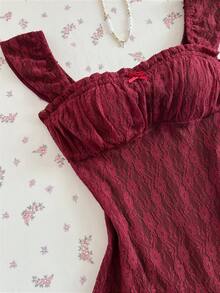 Elamini Women's Burgundy Lace Rose Bow Tie Short Sleeve Mini Dress, Sexy Vacation Style, Spring/Summer - Burgundy - View 1