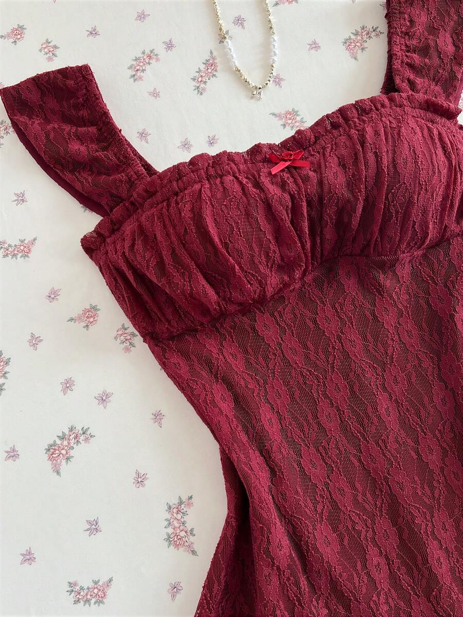 Elamini Women's Burgundy Lace Rose Bow Tie Short Sleeve Mini Dress, Sexy Vacation Style, Spring/Summer - Burgundy - View 1