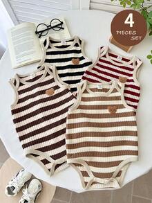 LMoss Kids 4pcs Baby Boy Knitted Striped Crew Neck Casual Romper Set - Multicolor - View 1
