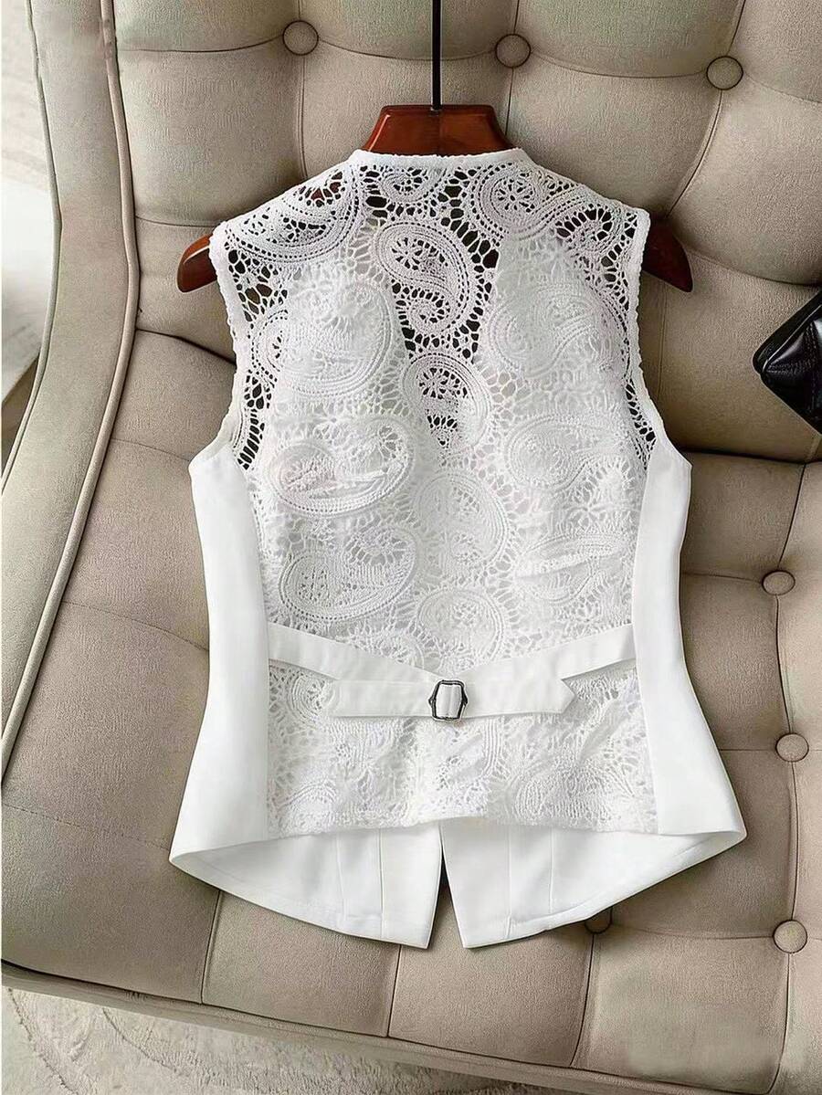 GlowEve CURVE Plus Size Women V-Neck White Blazer Vest, Lace Hollow Back Design, Slim Waist, Versatile For Commuting, Summer - White - View 1