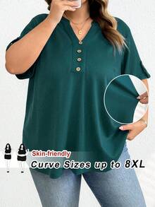 SHEIN CURVE+ Áo thun nữ tay ngắn cổ chữ V trơn màu cỡ lớn/2026/Năm mới - Màu xanh lá cây đậm - Xem 10