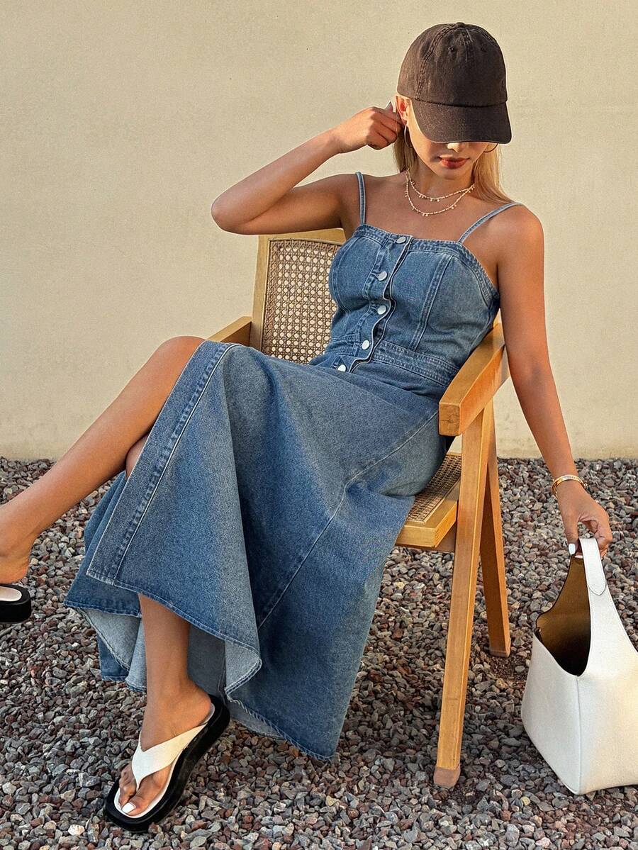 DAZY Women's Sleeveless Waist Gathered A-Line Slit Hem Denim Vacation Dress, Spring & Summer - Blue - View 1