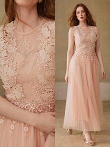 MOTF PREMIUM ĐẦM NỮ XUÂN/HÈ VỚI CHẤT LIỆU LƯỚI PHỐI HỢP REN ĐÍNH KIM, XẾP DÁNG. - Màu Hồng baby - Xem 1