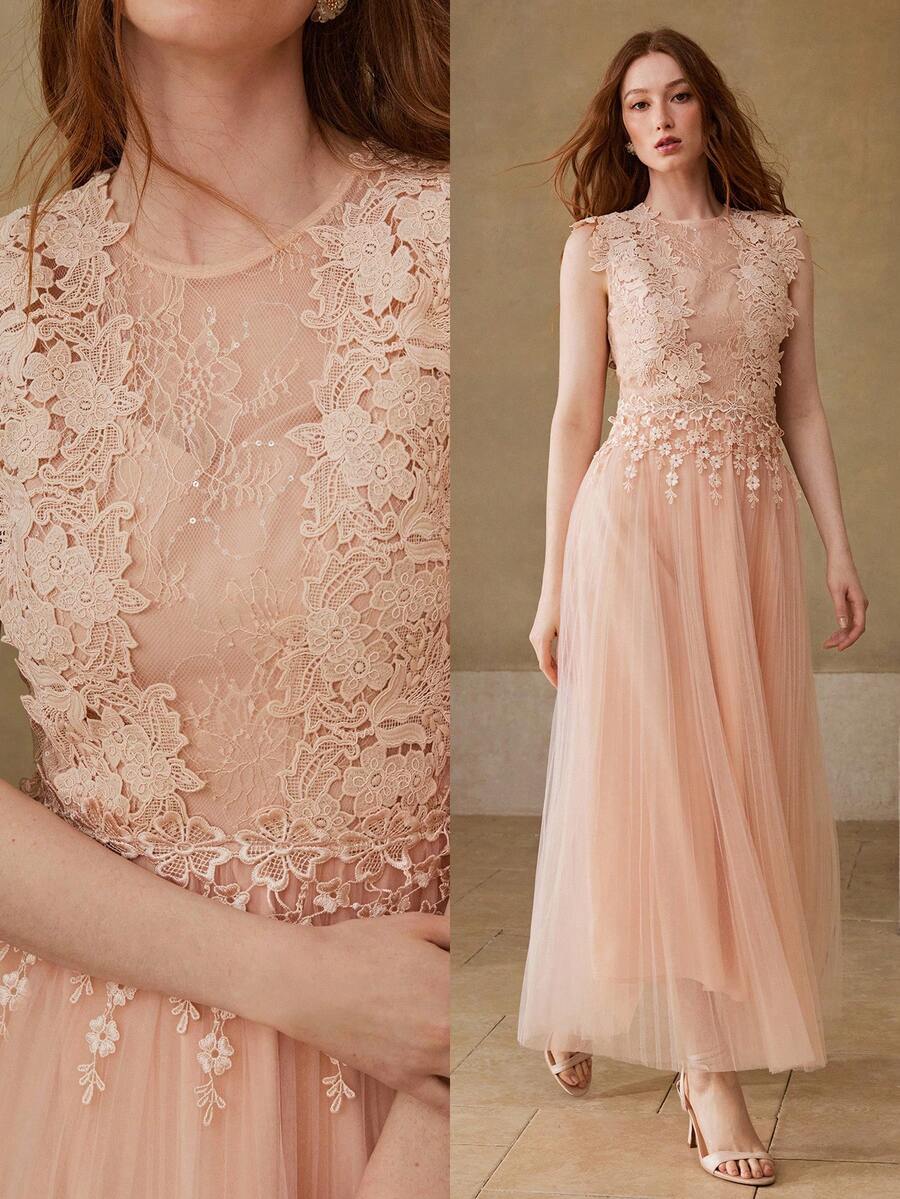 MOTF PREMIUM ĐẦM NỮ XUÂN/HÈ VỚI CHẤT LIỆU LƯỚI PHỐI HỢP REN ĐÍNH KIM, XẾP DÁNG. - Màu Hồng baby - Xem 1