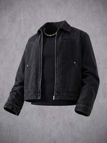 RivetRise Áo khoác denim ngắn tay dài màu đen bạc cho nam, kiểu dáng thường ngày, thích hợp cho mùa xuân/hè, phong cách punk, boyfriend hoặc husband, dáng ôm sát, phù hợp với Halloween, Lễ Các Thánh, mùa thu. - màu đen - Xem 1