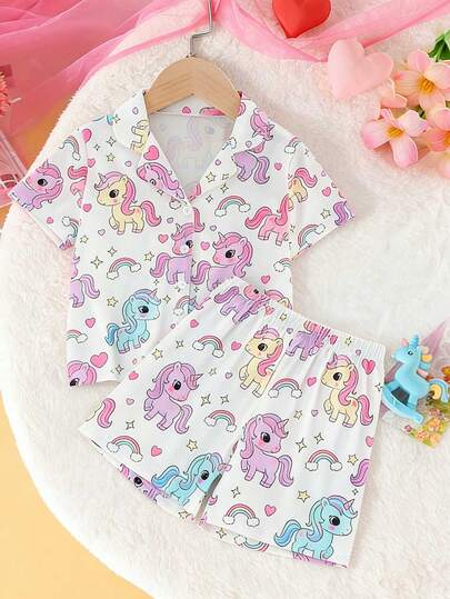 1 Set Young Girls' Flame Retardant Pajamas, Heart, Rainbow & Unicorn Print Short Sleeve Top And Shorts, Comfortable Loungewear Set