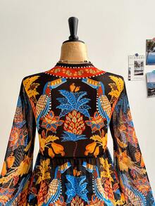 Soleia 大码女士度假针织网纱复古花卉图案V领长袖喇叭袖前系带蝴蝶结A字衬衫 - 彩色 - 查看 5