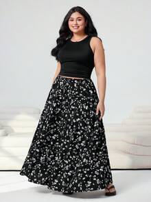 Solflare Plus Size Women's Solid Color Tank Top & Ditsy Floral Mini Skirt 2-Piece Set, Spring/Summer - Multicolor - View 7