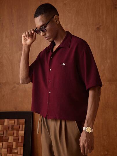 AKNOTIC Camisa de manga corta casual tejida para hombres con diseño bordado de oso polar, adecuada para el verano