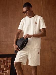 AKNOTIC 男士两件套针织休闲字母拼接夏季套装，街头风，舒适穿搭，情侣装 - 杏色 - 查看 2