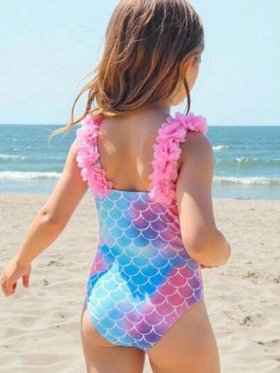 SHEIN Bubblio Young Girl Knitted Mermaid Bow Decor 3D Floral One-Piece Swimsuit,Swim, Suitable For Beach, Hot Spring Resort, Swimming,Princess,Vacation,Holiday,Holiday,
Summer,Spring,My First Easter