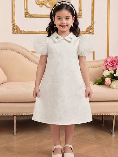 SHEIN 1pc Sweet Summer Party Cap Sleeve Chiffon Dress, Champagne Color, Comfortable Loose Fit, Collar With Rhinestone Flower Decor, Mesh Cap Sleeve Design, A-Line Silhouette, Elegant Princess Style