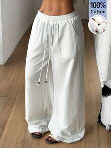 Coolane 女士夏季乡村音乐会外出海滩装扮波西米亚风简约水洗100%纯棉白色弧形裤脚裤 - 白色 - 查看 4