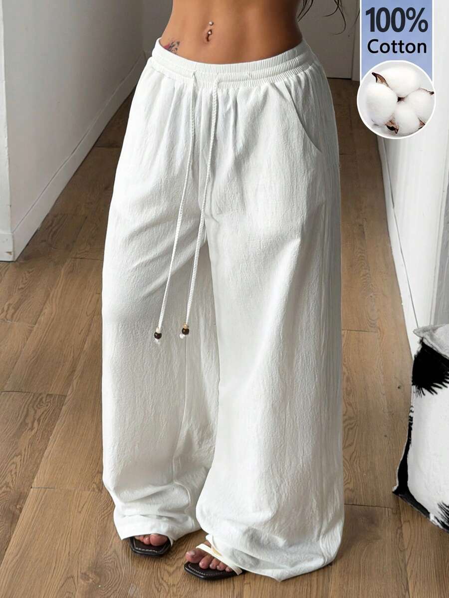 Coolane 女士夏季乡村音乐会外出海滩装扮波西米亚风简约水洗100%纯棉白色弧形裤脚裤 - 白色 - 查看 1