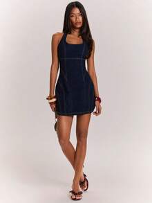 SHEIN BAE Đầm denim cổ yếm dáng casual dành cho nữ, thích hợp mặc hàng ngày. - Rửa trung bình - Xem 4