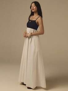 COSMINA 女士优雅吊带撞色褶皱中长连衣裙，通勤、办公、外出、波西米亚风度假、休闲等场合皆宜 - 黑與白 - 查看 1