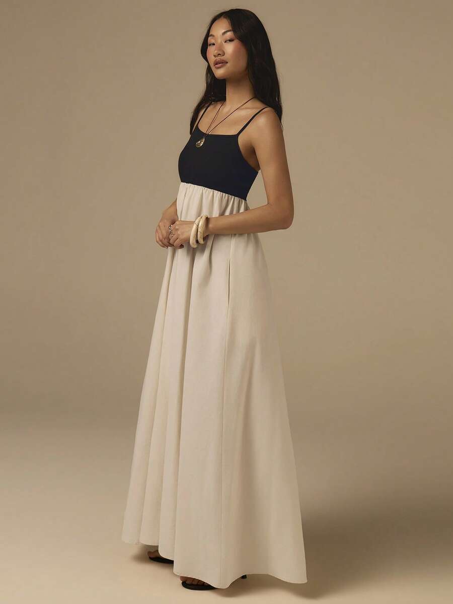 COSMINA 女士优雅吊带撞色褶皱中长连衣裙，通勤、办公、外出、波西米亚风度假、休闲等场合皆宜 - 黑與白 - 查看 1