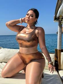 Slaydiva 大码女式夏季沙滩纯色时尚比基尼泳装套装 - 金色 - 查看 4