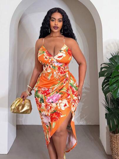 Veslaya Plus Size Summer Floral Print Slit Strap Dress
