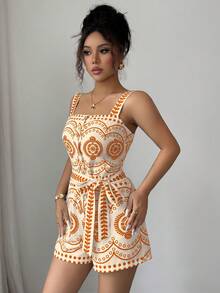 Rafferiza Orange Dopamine Floral Digital Print Jumpsuit, Fashionable & Versatile For Vacation Vacation Dress - Orange - View 4