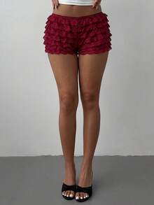 Aloruh Women's Colorblock Lace Trim Mesh Multi-Layer Ruffle Hem Micro Shorts, Fashionable For Music Festivals In Spring/Summer - Red - View 5