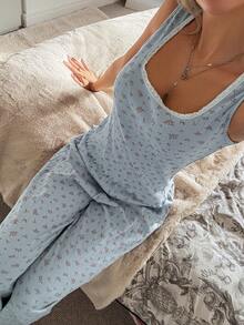 DAZY 2pcs/Set Ditsy Floral Sleeveless Tank Top And Straight Leg Long Pants Pajama Set For Women, Summer - Blue - View 3