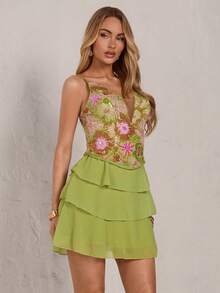 SHEIN Glamour Sequin Patchwork Chiffon Elegant Sexy Spaghetti Strap Mini Dress - Green - View 1