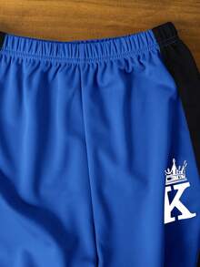 SHEIN 2pcs Tween Boy Patchwork Contrast Color Crew Neck T-Shirt & Shorts Set,Blue White Stripe,Summer,Casual,Streetwear,City Break,Soft Sporty Versatile - Royal Blue - View 6