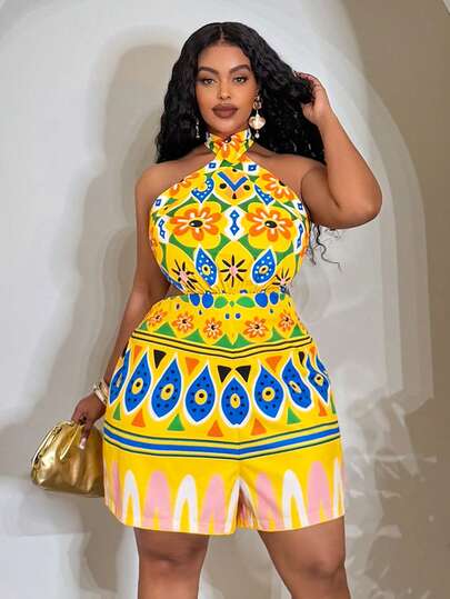 Slaydiva 2025 New Casual Vacation Suitable For Spring And Summer, Black And Khaki Symmetrical Printed Pattern Sleeveless Spaghetti Strap Waist-Cinched Wide Leg Jumpsuit, Minimalist Sexy Plus Size For Birthday Party, Date, Daily Wear