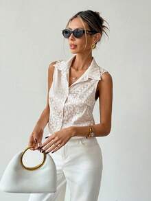 Rafferiza Women's Spring/Summer New Fashionable Minimalist Lapel Sleeveless Apricot Satin Button-Up Shirt - Apricot - View 6