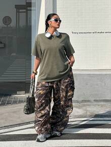 Muchica Plus Size Women's Short Sleeve T-Shirt With Floral Print And Cargo Pants 2-Piece Set, Spring/Summer - Multicolor - View 4