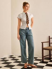 EURMUSE 100% Cotton LOW RISE WIDELEG CUT WHITE JEAN - Light Wash - View 4