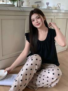 Dazy Plus 2pcs Solid Color Fitted Cap Sleeve Top And Polka Dot Long Pants Cute Pajama Set, Spring/Summer - Black - View 7