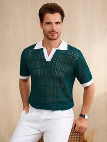 Manfinity CityGents Men's Summer Casual Vacation Contrast Trim Mesh Hollow Short Sleeve Knit Top - Green - View 6