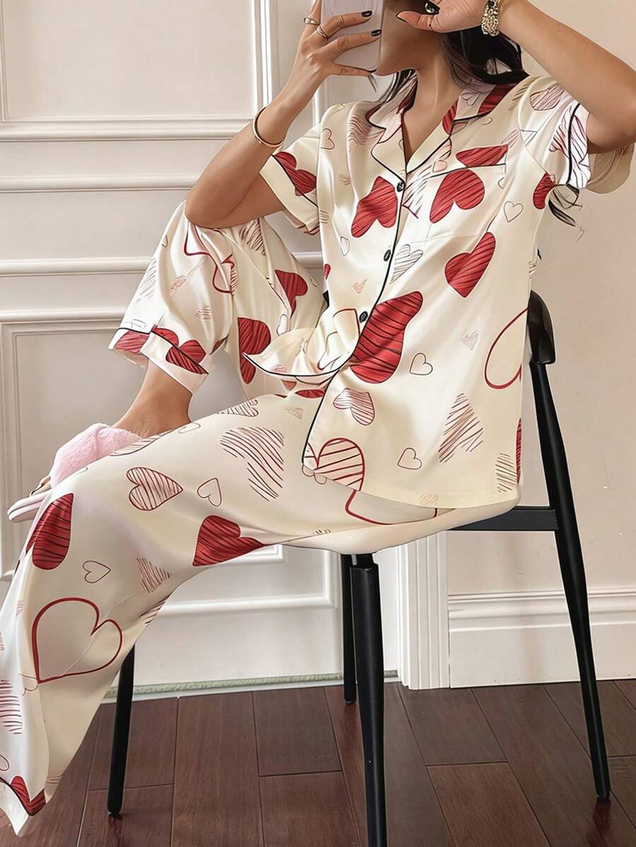 Dream Adore Heart Print Pocket Short Sleeve & Long Pants Women Pajama Set Pajamas Set Cherry Pajamas Set - White - View 1