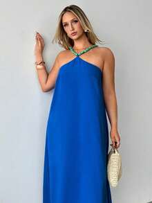 Auralis Đầm hai dây hở lưng kiểu Bohemian đính hạt nhựa, cỡ lớn, ôm dáng, thích hợp cho kỳ nghỉ biển, mùa xuân/hè. - Màu xanh lam - Xem 7