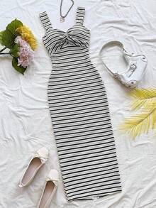 Soleia Women's Vacation Striped Twist Design Casual Spaghetti Strap Mid-Length Dress - Grey - View 3