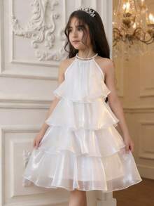 SHEIN Đầm hè organza màu trắng thanh lịch dễ thương cho bé gái/bé gái - trắng - Xem 5