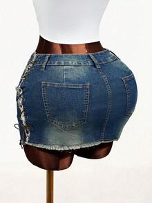 SHEIN 女士口袋系带设计时尚百搭约会外出牛仔迷你裙 - 藍色 - 查看 2