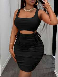 Slaydiva Đầm ngắn mùa hè gợi cảm ôm sát, xếp ly, buộc dây, khoét eo, đầm cắt xẻ, đầm nữ, đầm ôm sát cơ thể, đầm đen. - màu đen - Xem 3