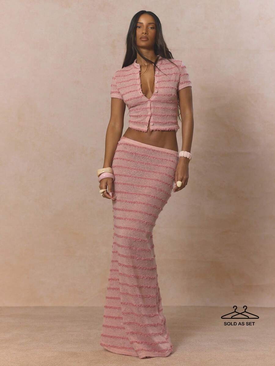 MUSERA 纽扣条纹短袖上衣搭配修身长裙套装，可爱春日假日少女风，Sugar Salt 出品 - 粉色 - 查看 1