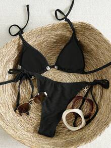 Swim Mod Women's Vacation Patchwork Crochet Strap Shell Decor Textured Fabric Tie Front Bikini Set For Summer - Black - View 2