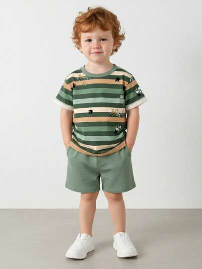 Set de 2 piezas: Camiseta de manga corta con cuello redondo con estampado de dinosaurio y rayas + pantalones cortos  para niño bebé, adecuado para salidas de verano