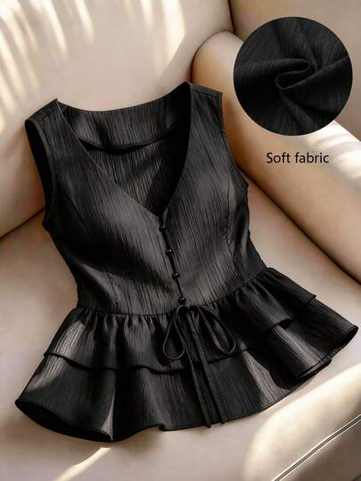 GlowEve CURVE 大码女式纯色纹理V领无袖衬衫，荷叶边系带蝴蝶结度假衬衫无袖荷叶边上衣黑色夏季上衣荷叶边上衣女式荷叶边上衣荷叶边衬衫