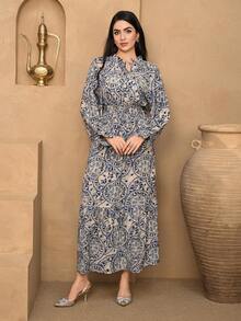 DAZY 印花宽松收腰荷叶边下摆休闲度假长裙女式吊带裙 - 藍色 - 查看 3