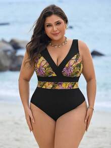 Swim Lushoire Plus Size Vacation Print Color Block One-Piece - Multicolor - View 6
