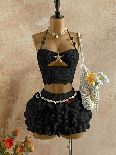 Soleia Women's Romantic Vacation Knit Halter Neck Tie Top And Multi-Layer Ruffle Hem Midi Skirt 2-Piece Set, Suitable For Beach, Seaside, Sexy, Dating Beach Skirt Set Vacation Outfits Woman 2 Piece Women Summer 2 Pieces Sets Festival Two Piece Outfit Skirt Swimsuit Set