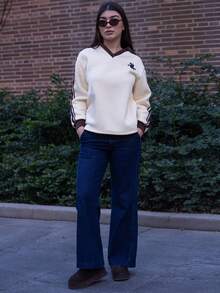 Andrea Bello Women's Autumn/Winter Thermal-Lined Contrast Color Ribbon Embroidered Loose Polo Neck Sweatshirt For Going Out Outfits, Streetwear, Y2K Clothes - Yellow - View 1
